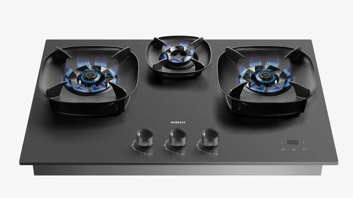 ROBAM three-burner black glass gas cooktop