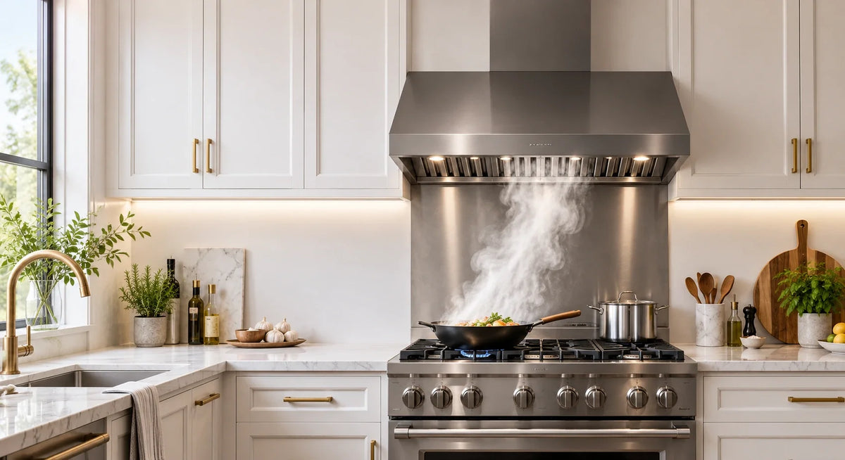 High-CFM residential range hood over a home gas range delivering restaurant-grade airflow, compared with a commercial kitchen hood