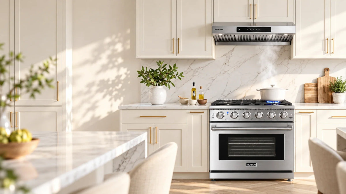 High-CFM residential range hood over a home gas range delivering restaurant-grade airflow, compared with a commercial kitchen hood