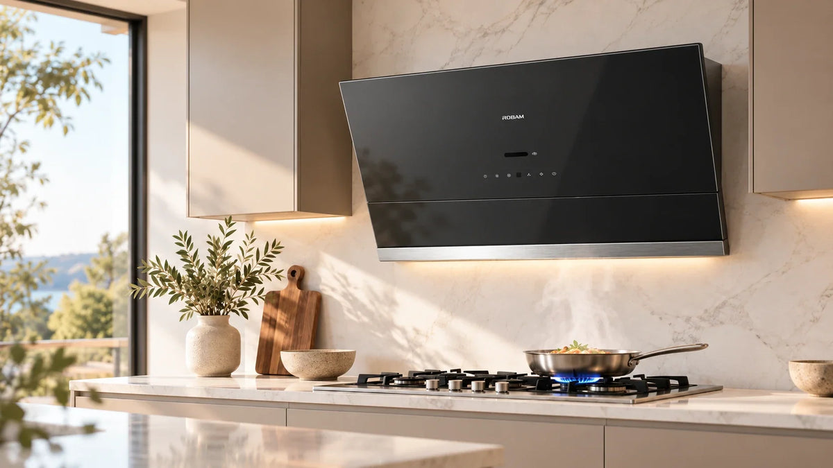 ROBAM black-glass slant-vent range hood, kitchen focal point