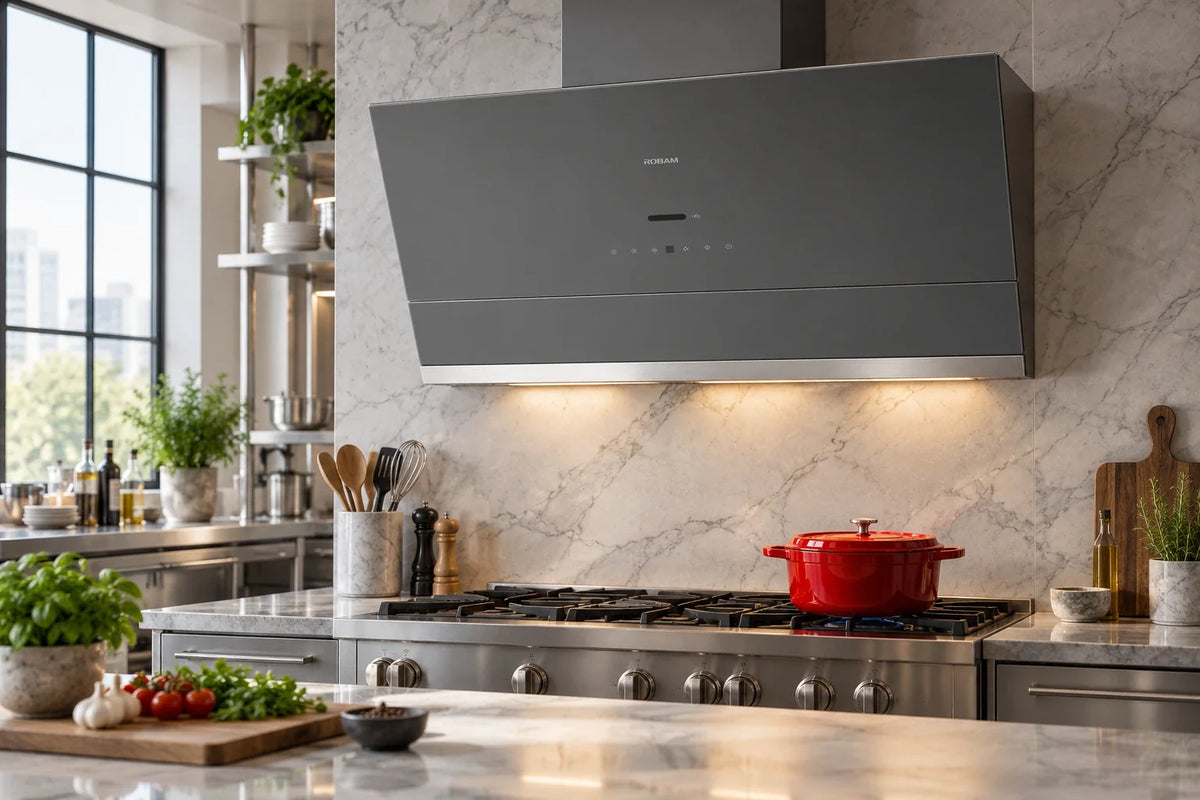 ROBAM gray slant-vent wall-mount range hood with touch controls and LED lighting, over a gas range in a modern marble kitchen