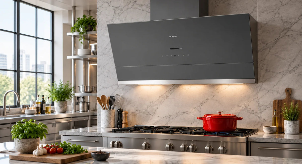 ROBAM gray slant-vent wall-mount range hood with touch controls and LED lighting, over a gas range in a modern marble kitchen