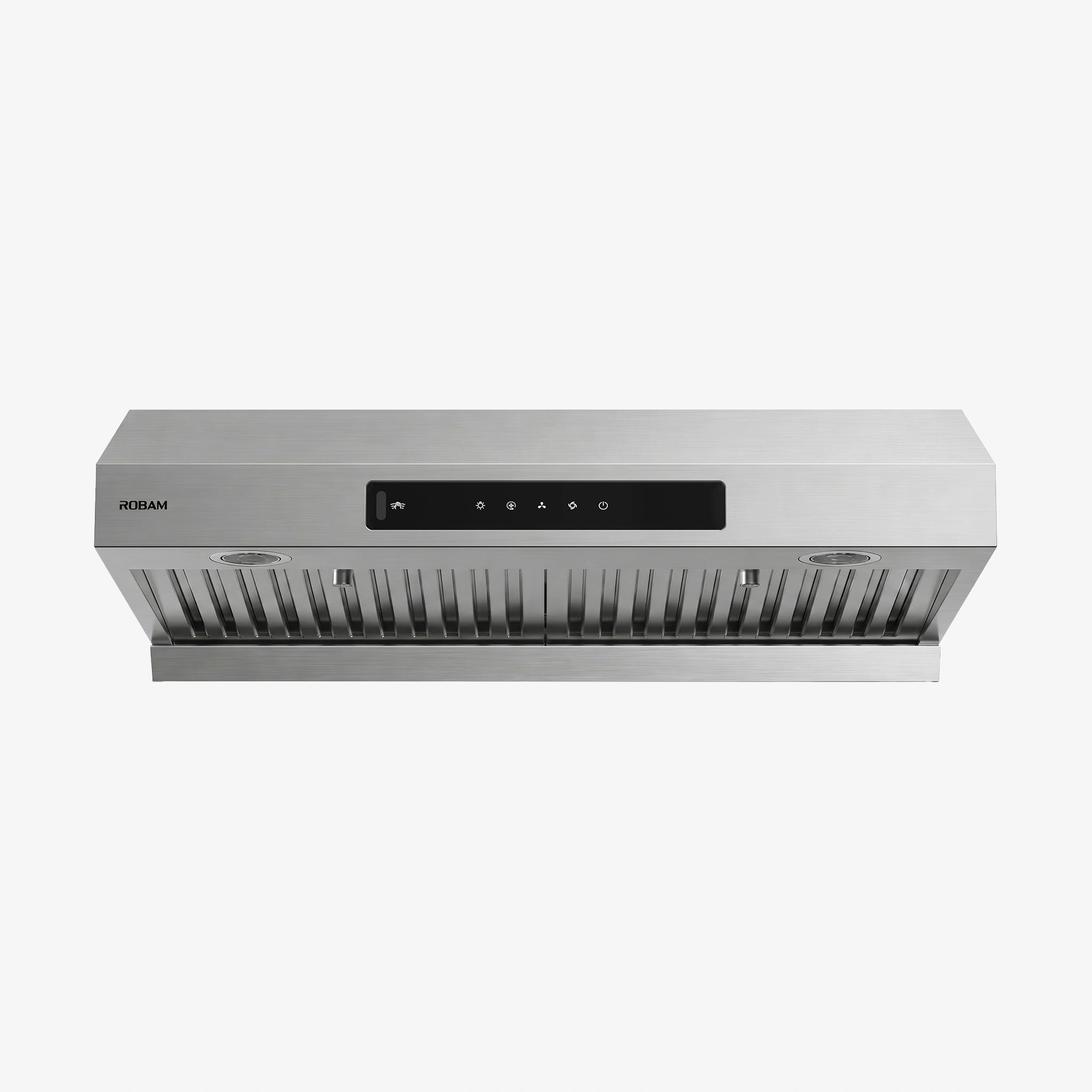 Robam U3 stainless steel kitchen range hood with a black control panel on the front, shown against a plain light gray background.