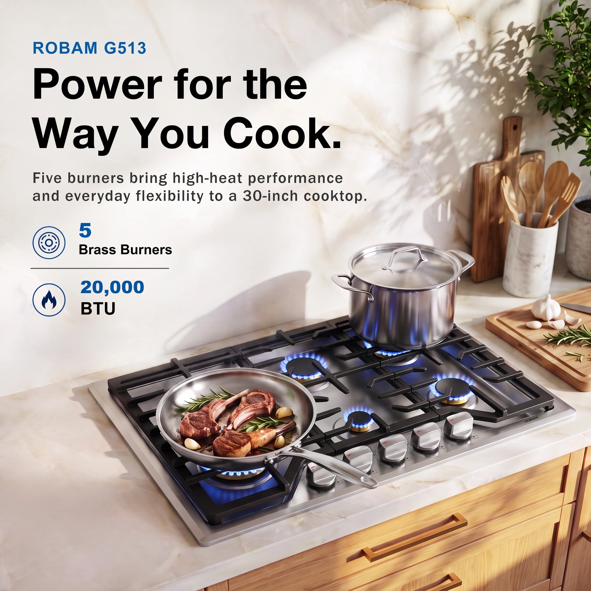ROBAM G513 30 inch gas cooktop 5 burner cooking scene