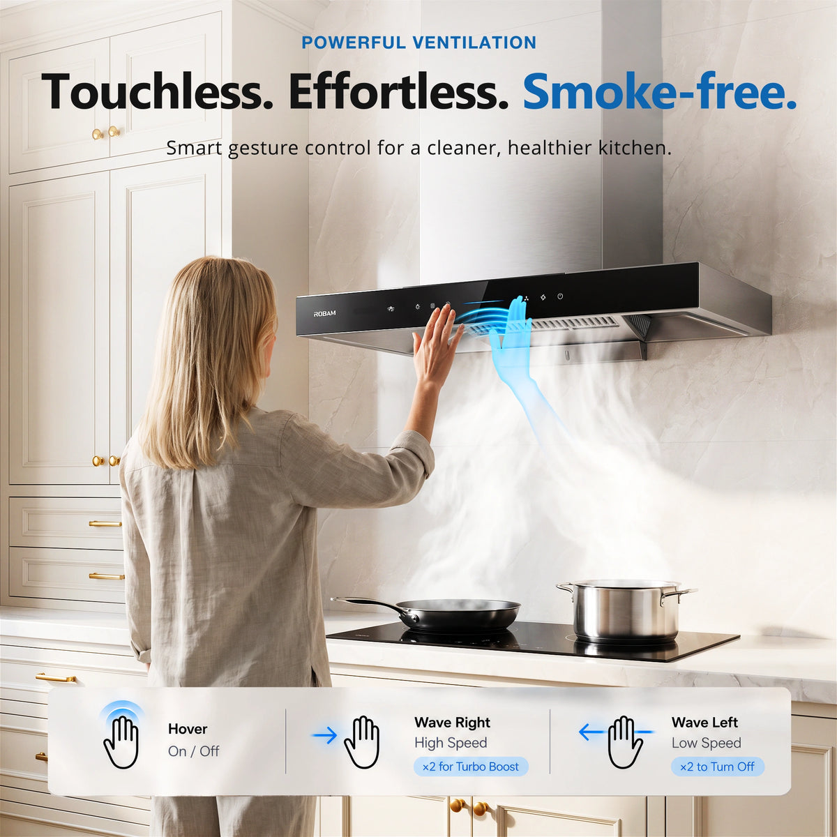 A woman in a modern kitchen uses a touchless gesture to control a black range hood mounted above a stove. The image includes marketing text about touchless, effortless smoke-free ventilation and feature callouts at the bottom showing hover, wave right, and wave left controls.