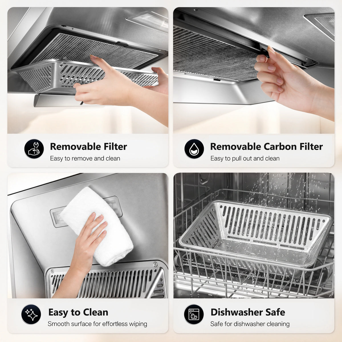 Four-panel infographic showing a dishwasher filter cleaning kit in use: a removable filter, a removable carbon filter, a white cleaning cloth on a stainless steel surface, and a dishwasher-safe basket. Text labels describe each feature.